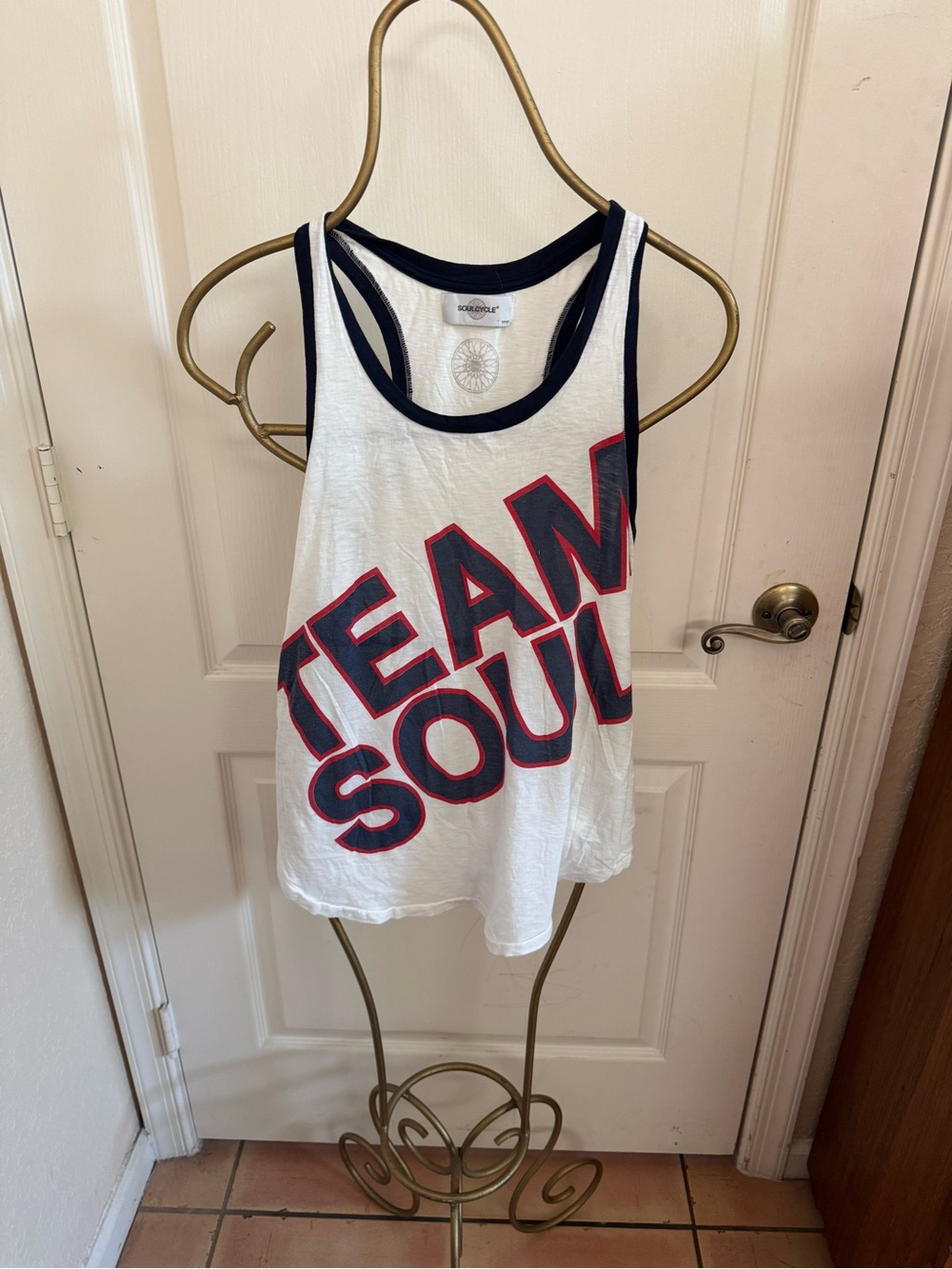 SoulCycle White Tank with Navy Trim and Red Accent